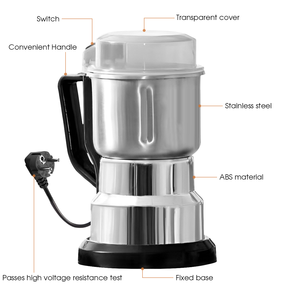 Electric Grinder Kitchen Grain Nut Bean Spice Mill 500ml Baby Food Processor 200W Multi-Function Home Coffee Grinder 4 Blades: light yellow