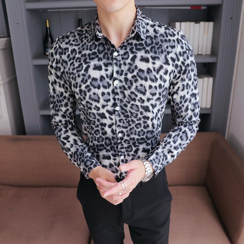 WSGYJ Brand Men's Shirt Brand Slim Fit Casual Leopard Print Social Shirts Dress Long Sleeve Plus Size Night Club Prom Tuxedo 5XL