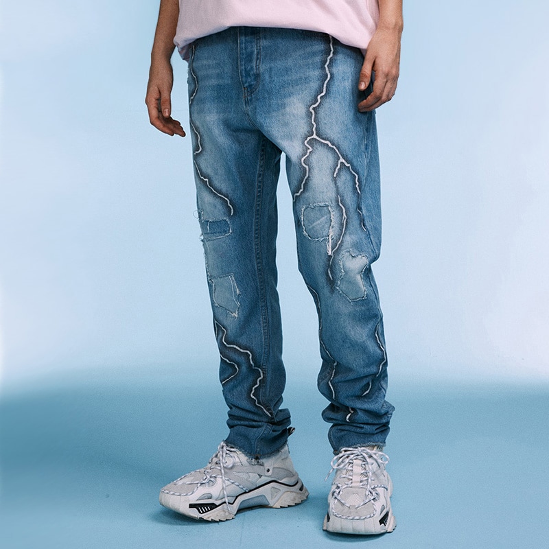 Mannen Hip Hip Gescheurd Gat Genaaid Jeans Lightning Print Denim Broek Harajuku Streetwear Herfst Katoenen Broek Stedelijke Kleding