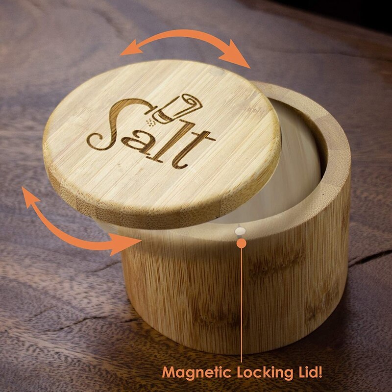 -Salt Box,Bamboo Salt Bamboo Storage Box With Magnetic Swivel Lid, Salt Engraved On Lid Storage Box