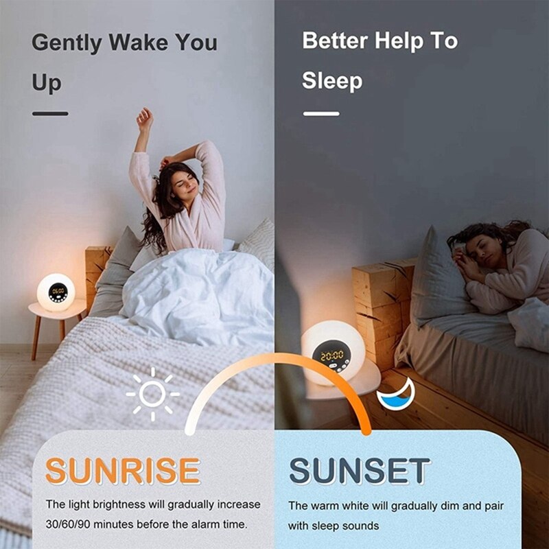Wake Up Light,Bedside Sunrise Alarm Clock Night Light,Dimmable Warm &amp; Colorful Light,Natural Sounds,FM Radio