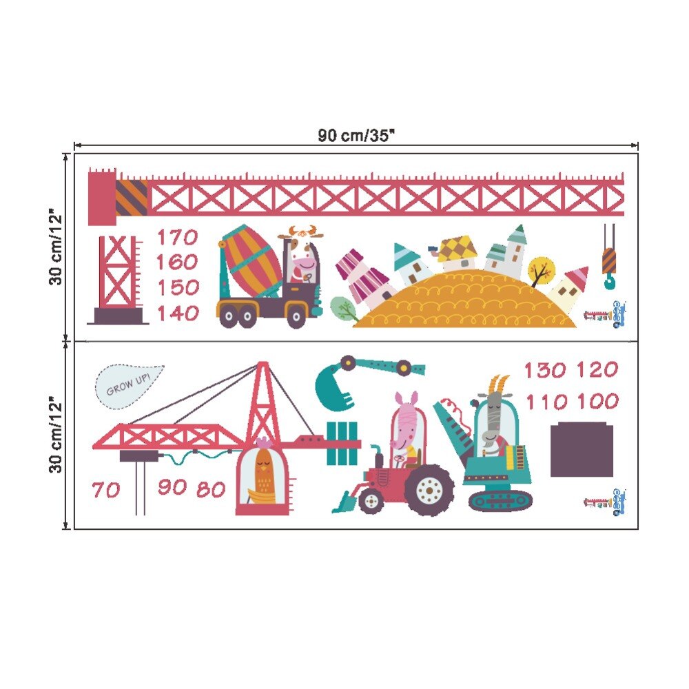 Cartoon Tower Crane Growth Chart Sticker Animal Height Chart Wall Sticker Nursery Decor DIY Art Poster