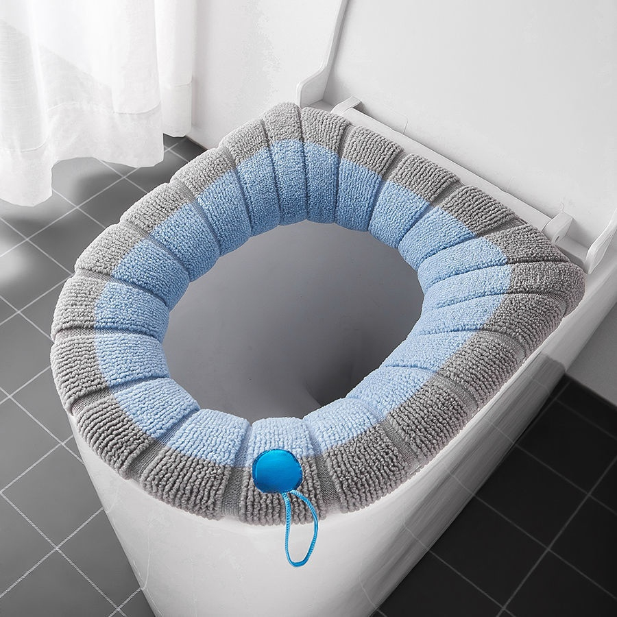 Winter Warm Toilet Seat Cover Closestool Mat 1Pcs Washable Bathroom Accessories Knitting Pure Color Soft O-shape Pad Bidet Cover: Blue-Gray