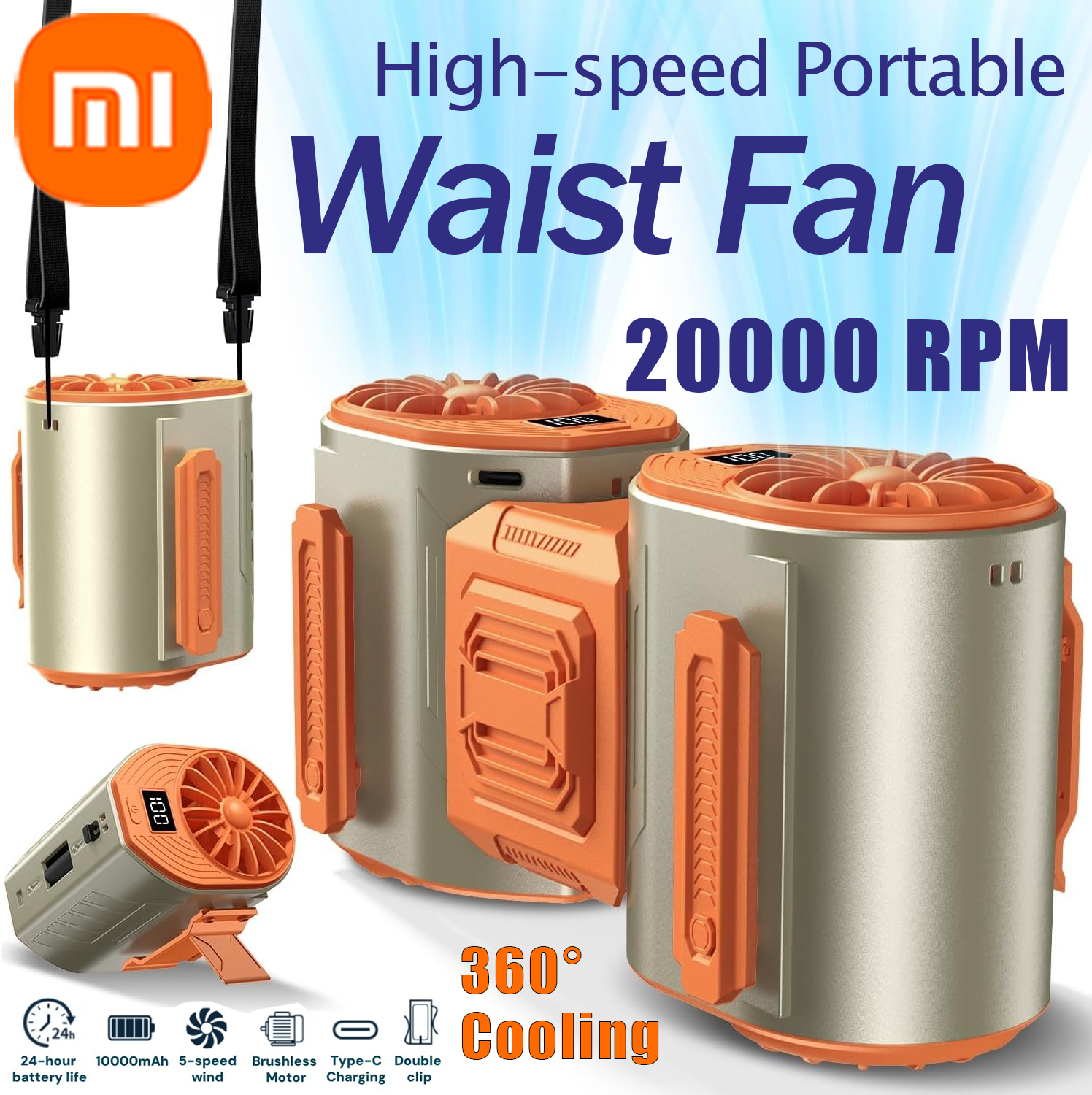 Genopladelig xiaomi talje-halsventilator 10000 mah 20000 o/min 24h driftstider 5 hastigheder dobbelte motorer bælteklips udendørs kontorkøleventilator