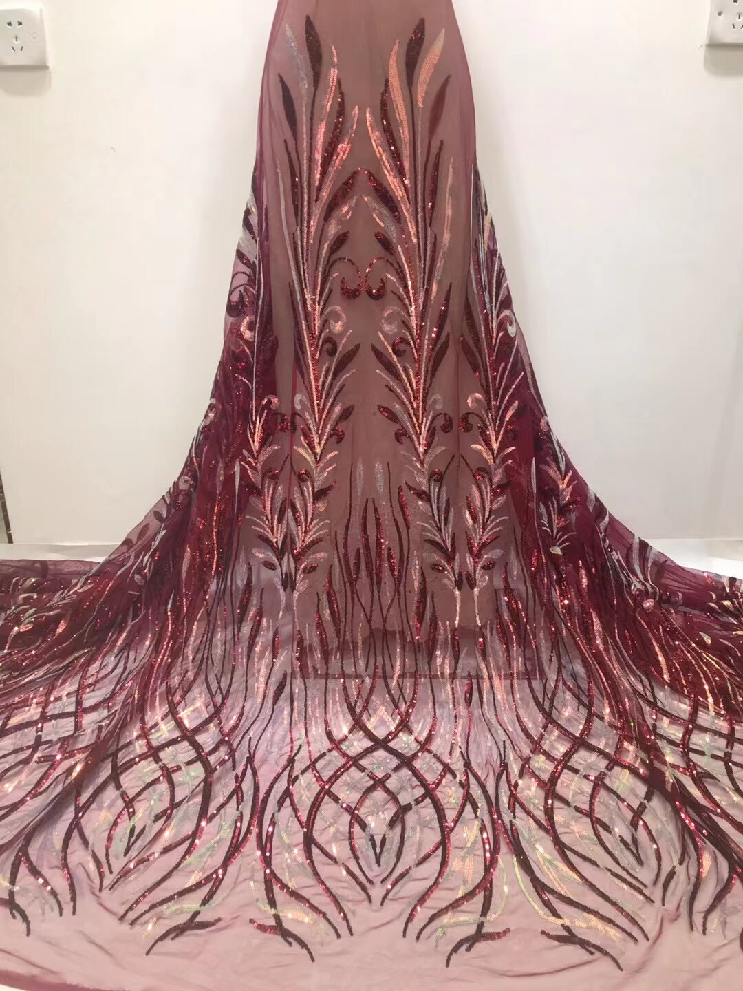 Classic Rose Gold2022 Latest African Tulle Lace with Sequins For African Wedding Dress NN335_V: wine