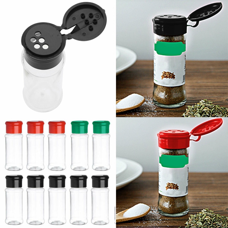 Botes de plástico para especias, tarro para condimentos, sal, pimienta, botellas para condimentos de barbacoa, botes de vinagrera, botellas con tapas de tamiz, 10 Uds., 100ml