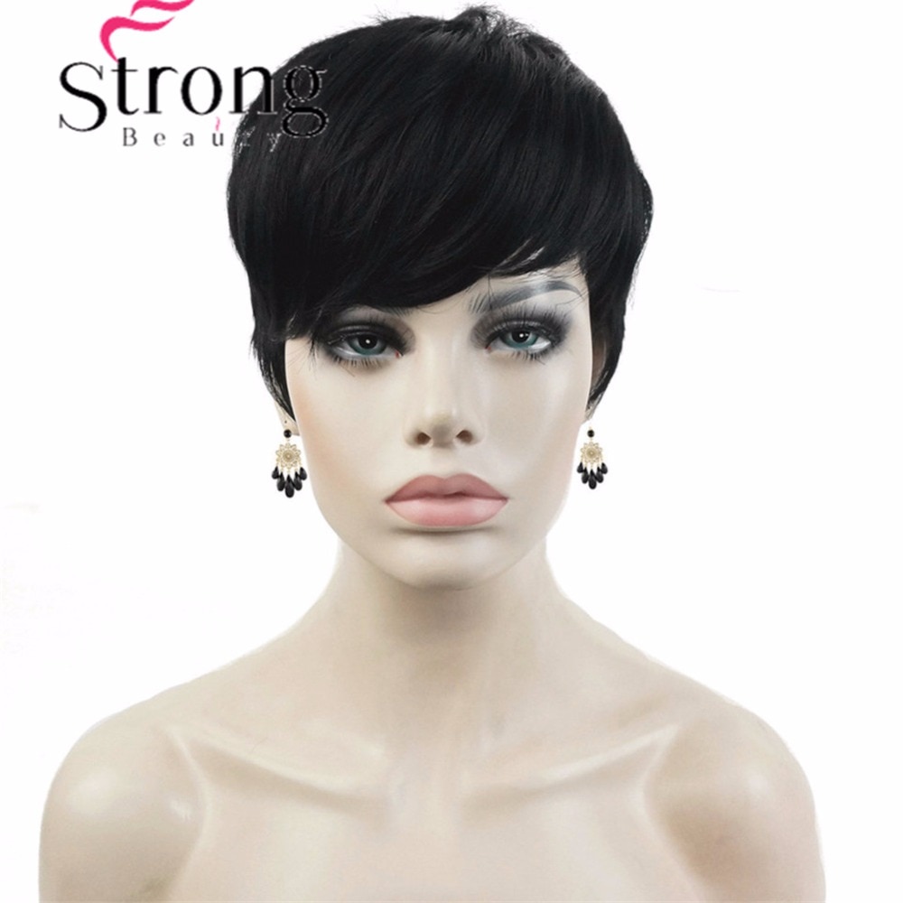 Peluca corta StrongBeauty, pelucas totalmente sintéticas asimétricas de explosión lateral, opciones de color negro y rojo
