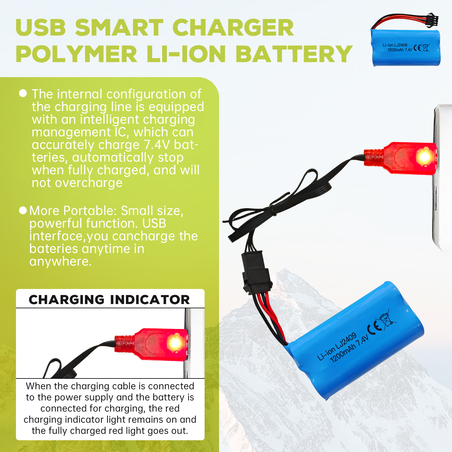 7.4V 1200Mah Lithiumbatterij Met SM-4P 4-Pins Stekker Usb Oplaadkabel Voor Ec08 Rc Boot Rc Auto Model Reservebatterij