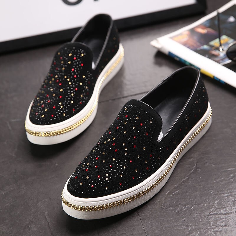Mocasines con diamantes de imitación para hombre, mocasines con tachuelas, zapatos de fondo grueso, zapatos de de boda, color negro,