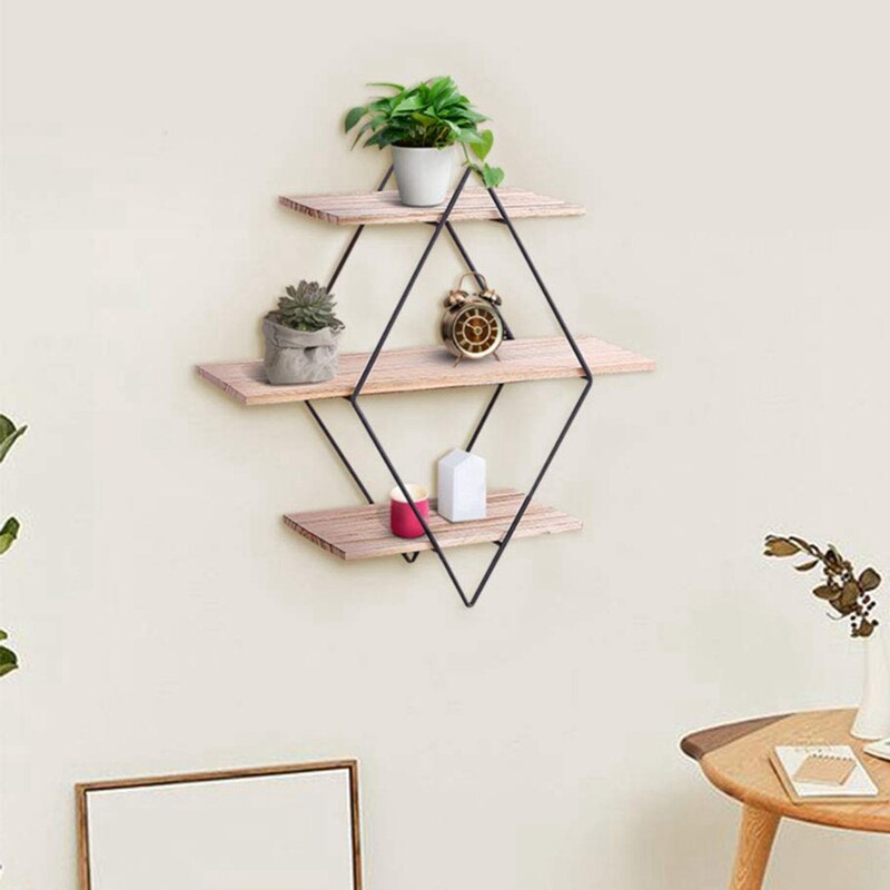Antieke Houten Muur Drijvende Opslag Rekken Display Stand Plank Decoratieve Muur Frame 3 Lagen Geometrische Diamant Muur