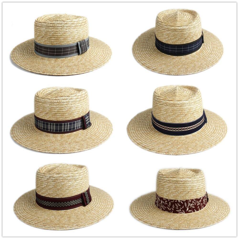 Handgemaakte Zomer Vrouwen Mannen Pork Pie Hoed Zonnehoed 100% Tarwe Stro Strand Hoed Dame Brede Rand Schipper Panama Beach zonnehoed Jazz Hoed