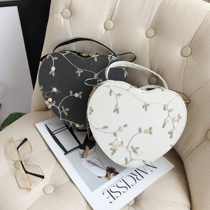 Bolso de hombro de encaje, bolsos de mujer de corazón de melocotón, bolso de mano de bordado, bolso Diagonal portátil para chica, bolso de cadena en forma de corazón para niña