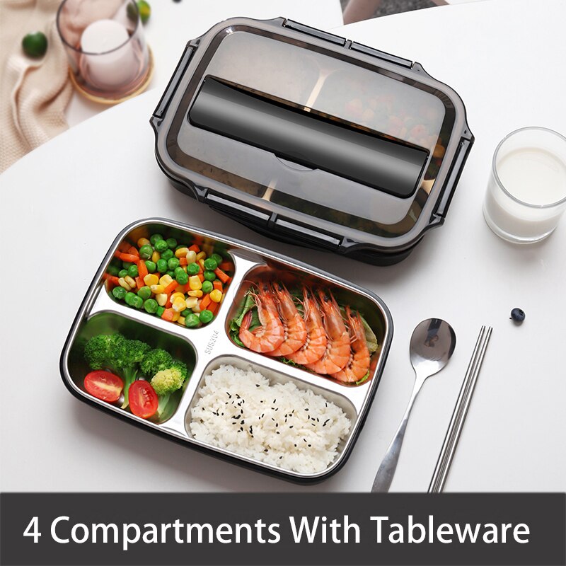 Stainless Steel Thermal Lunch Box Containers with Compartments Leakproof Bento Box Food Container Picnic Office School Lunchbox: black w tableware-4