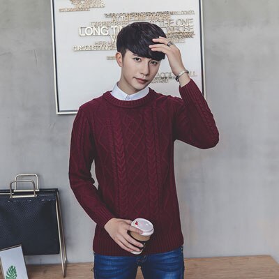 Casual vintergensere herre ensfarget rund hals slim fit elastisk strikket genser herre genser herre varm genser homme: Rød / Xl