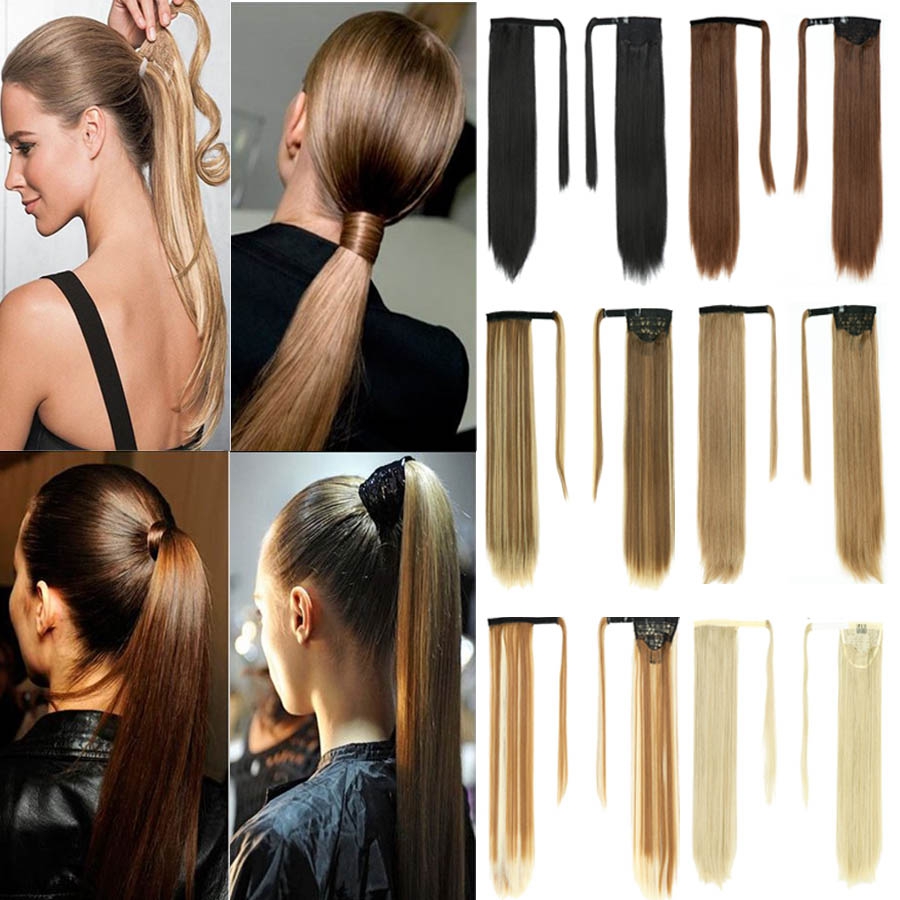 28 pulgadas sintético de Velcro de pelo de cola de caballo extensión recta Clip Invisible Pony cola resistente al calor negro marrón Rubio SI66
