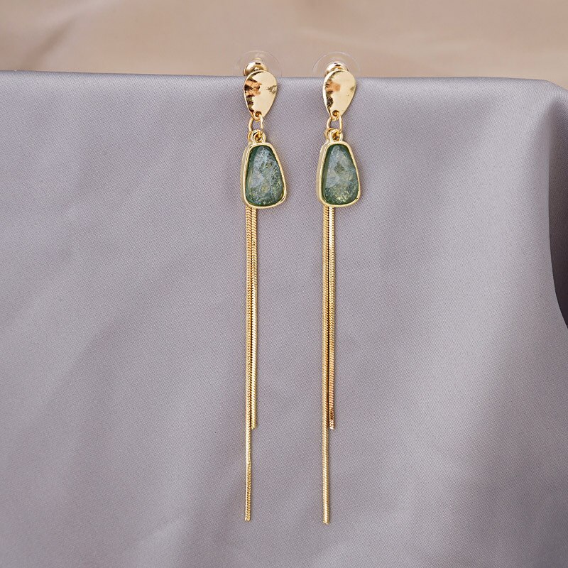 Vintage Green Crystal Lange Tassel Oorbellen Voor Vrouwen Femme Goud Kleur Alloy Chain Geometrische Dangle Oorbellen Partij Sieraden