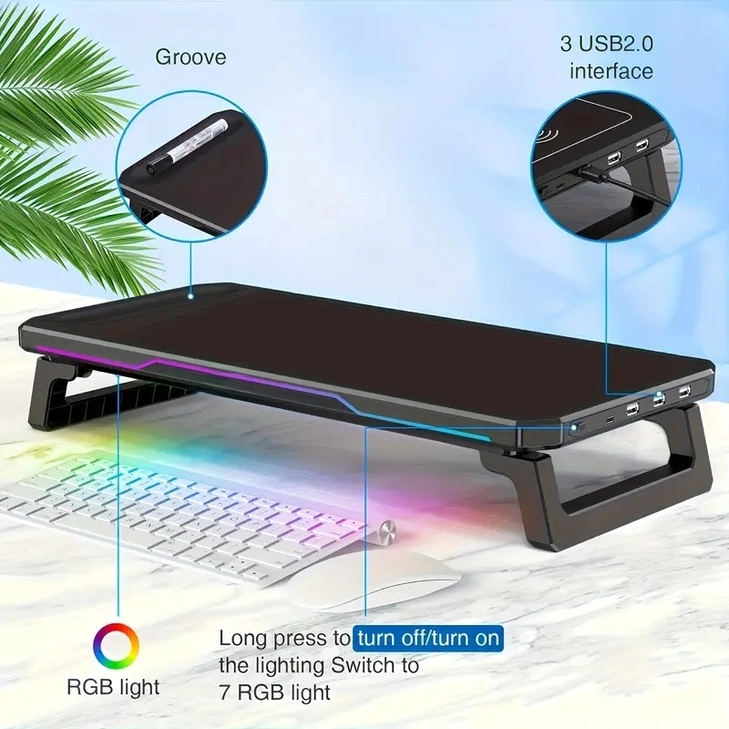 ITLY RGB-monitorstandaard met 3 USB-poorten Gegevensoverdracht Opladen Desktop Organizer voor pc en laptops tot 19,6 inch NIEUW