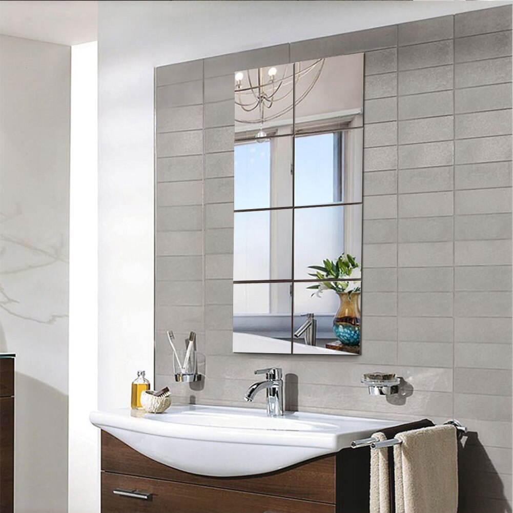 8pcs Removable Mirror Sticker Wall Decal Self-adhesive Tiles Furniture Films 3D Square Mirror Wall Art Home Bathroom Decor