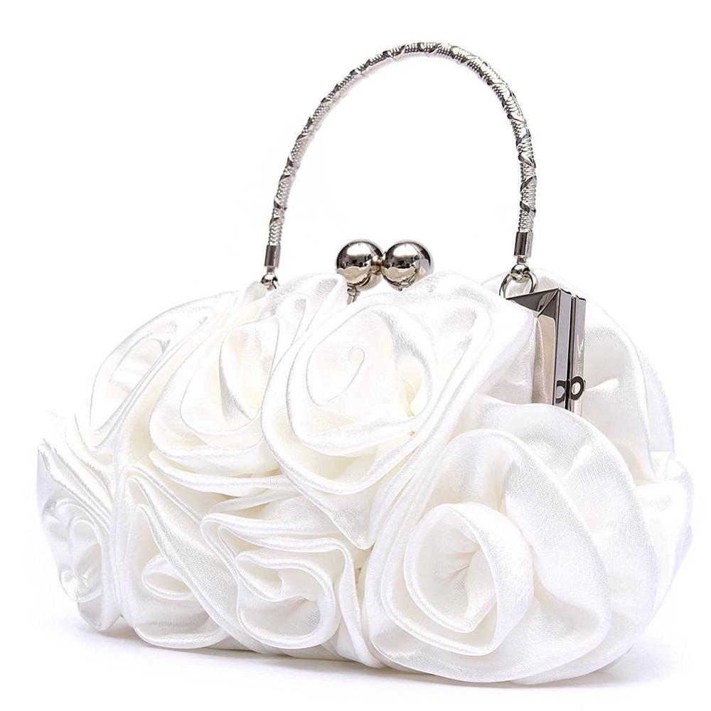 Meninas bolsa de ombro cetim quente moda floral dia das senhoras bolsa de embreagem feminino festa à noite baile nupcial diamante baguette flor bolsa: White