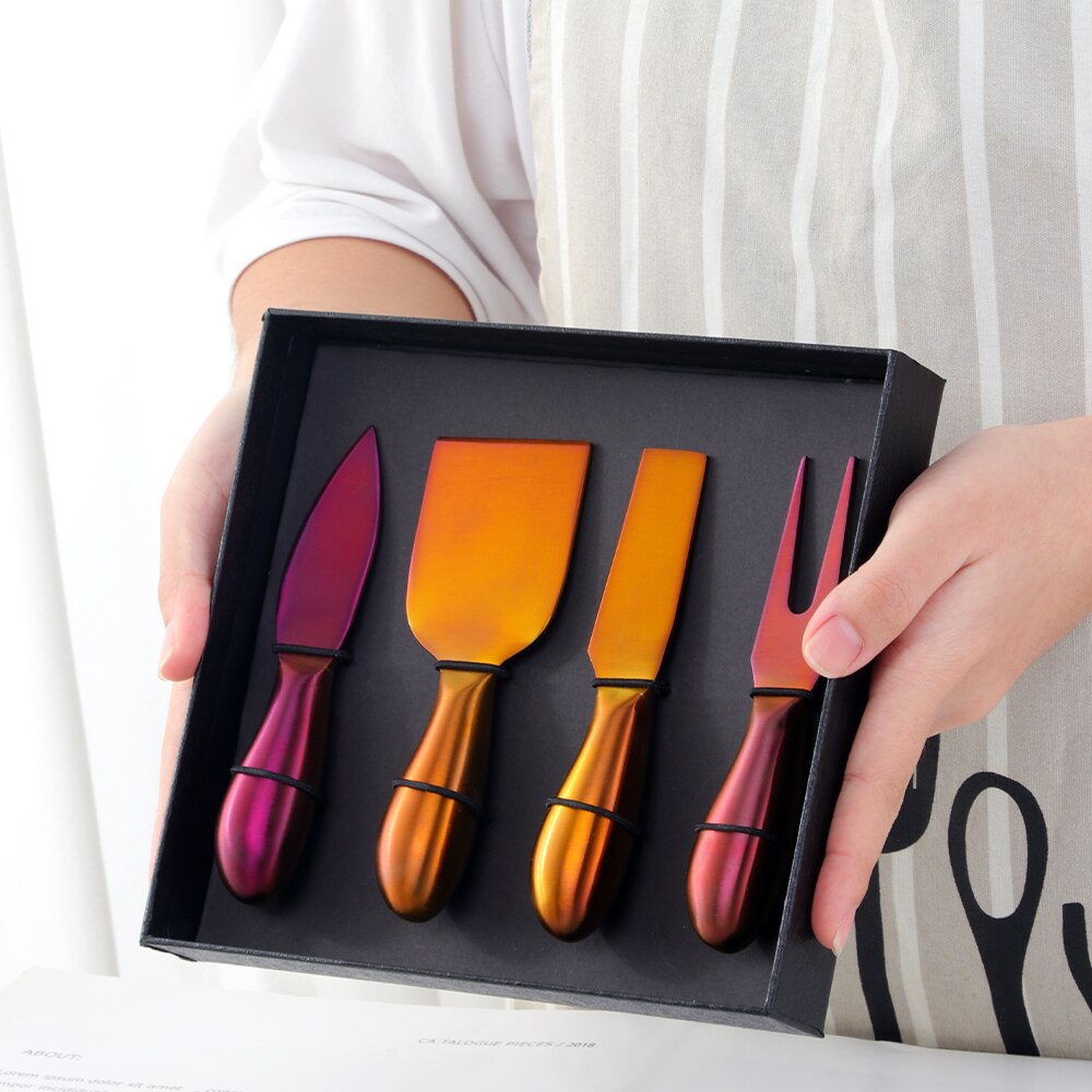 Outil à fromage en or, trancheur, couteau râpes à fromage, outils de cuisine, spatule à gâteau, couteau à beurre, ensemble de 4 pièces: Rainbow 3 with box