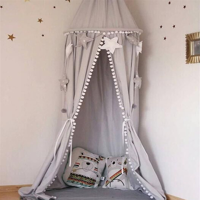 Children Crib Baby Bed Pompons Canopy, Round Dome Hanging Valance Kids Play Tent Mosquito Net Curtain Room Decor White Grey Pink