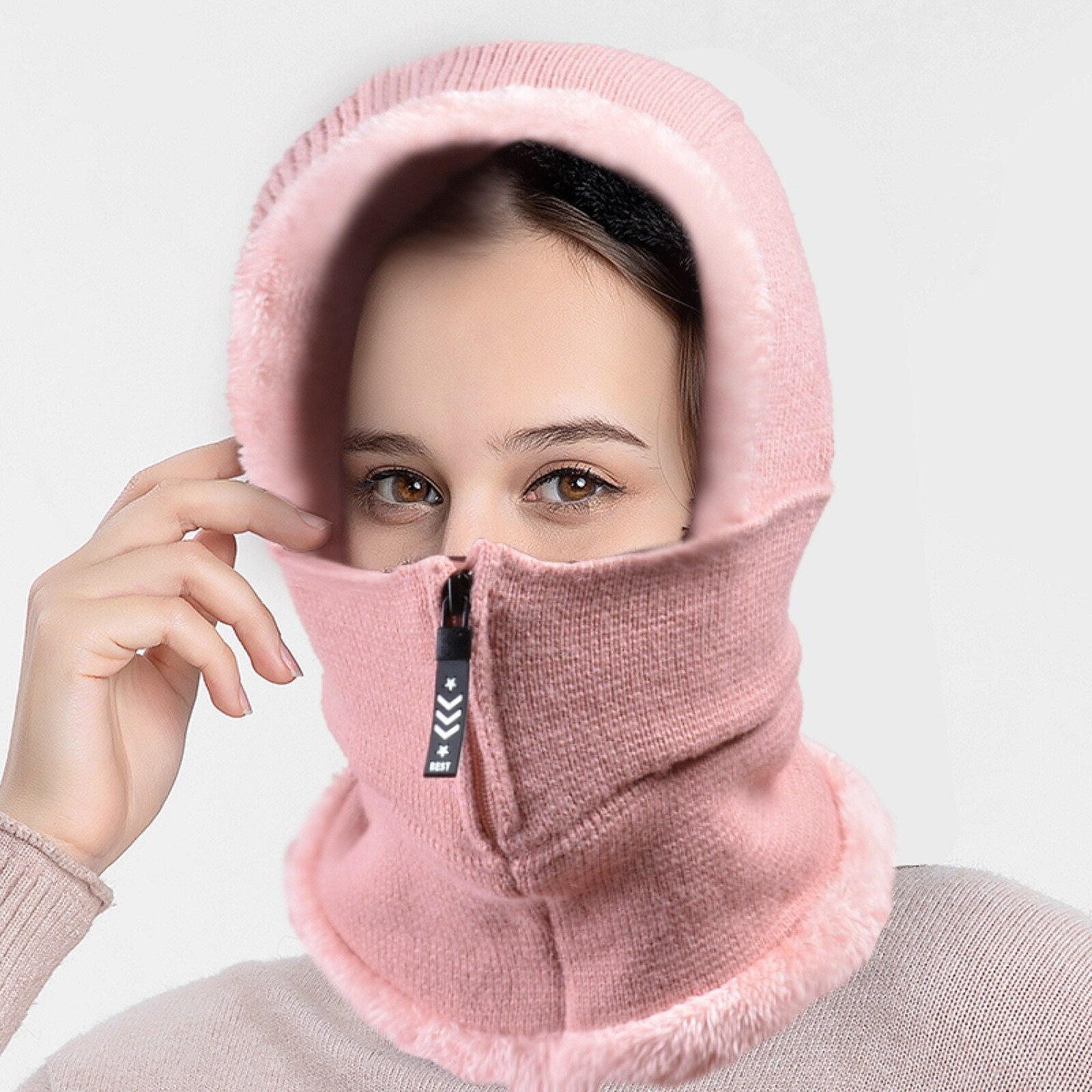 Winter Solid Black Knitted Hat Autumn Winter Ear Protection Thickened One Piece Cap Keep Warm Windproof Hat Face Cover #T2G: Pink