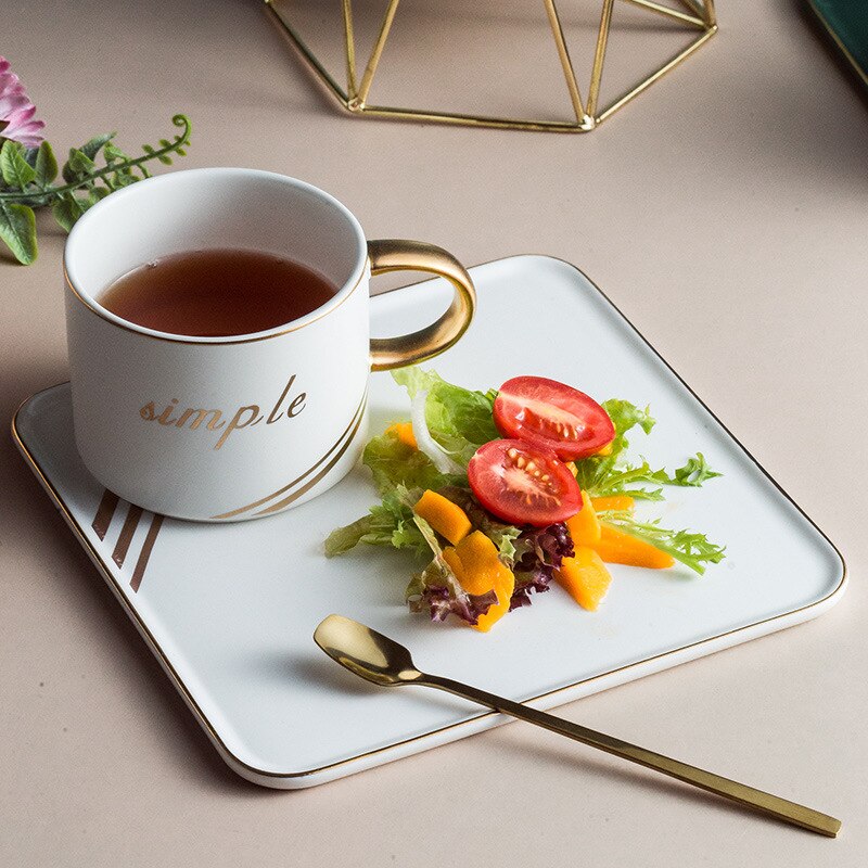 Nordisk stil keramisk kaffekop sæt enkelt kop underkop kaffebar hotel husstand firkantet plade gyldent håndtag