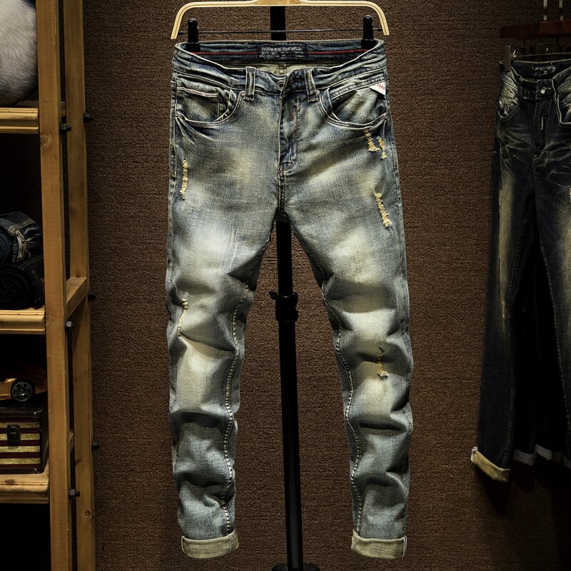 Ripped jeans til mænd slim fit retro blå stretch hip hop forår efterår herre jeans mærke ødelagt iturevne mænds denim jeans