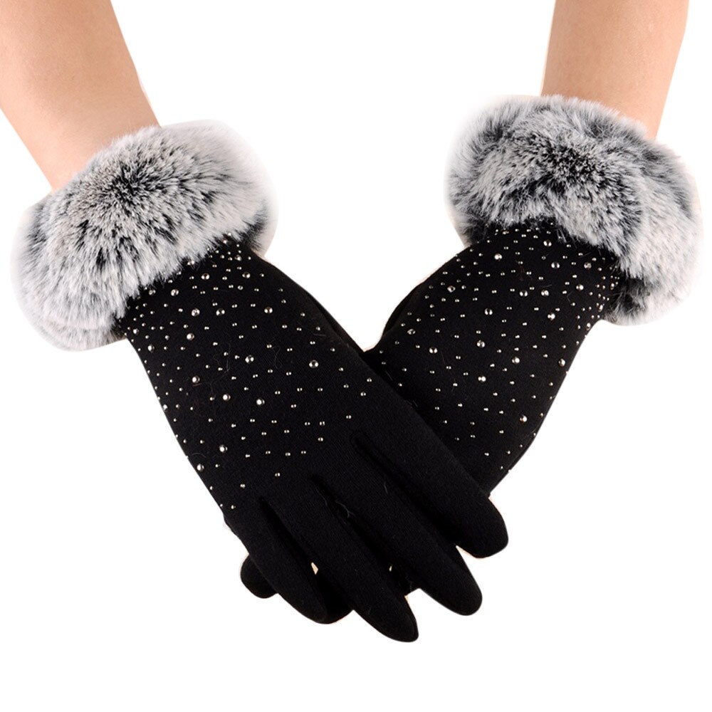 gloves women Winter Warm patchwork Gloves 3 color full finger women lady girl glove gants femme: Black