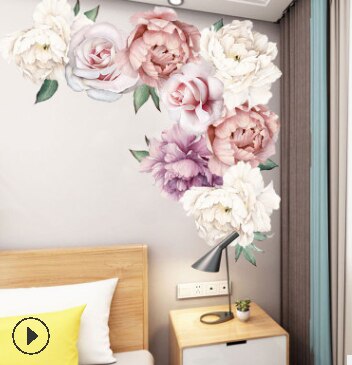Autocollant mural pour pépinière en Rose de pivoine, autocollant décoratif pour chambre d'enfant, décoration pour la maison, amovible et étanche: B