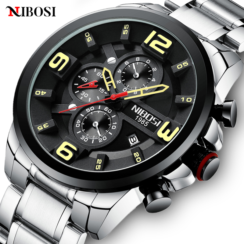 NIBOSI hommes montres haut de gamme de luxe grand cadran montre de Sport plein acier étanche affaires horloge numérique Relogio Masculino