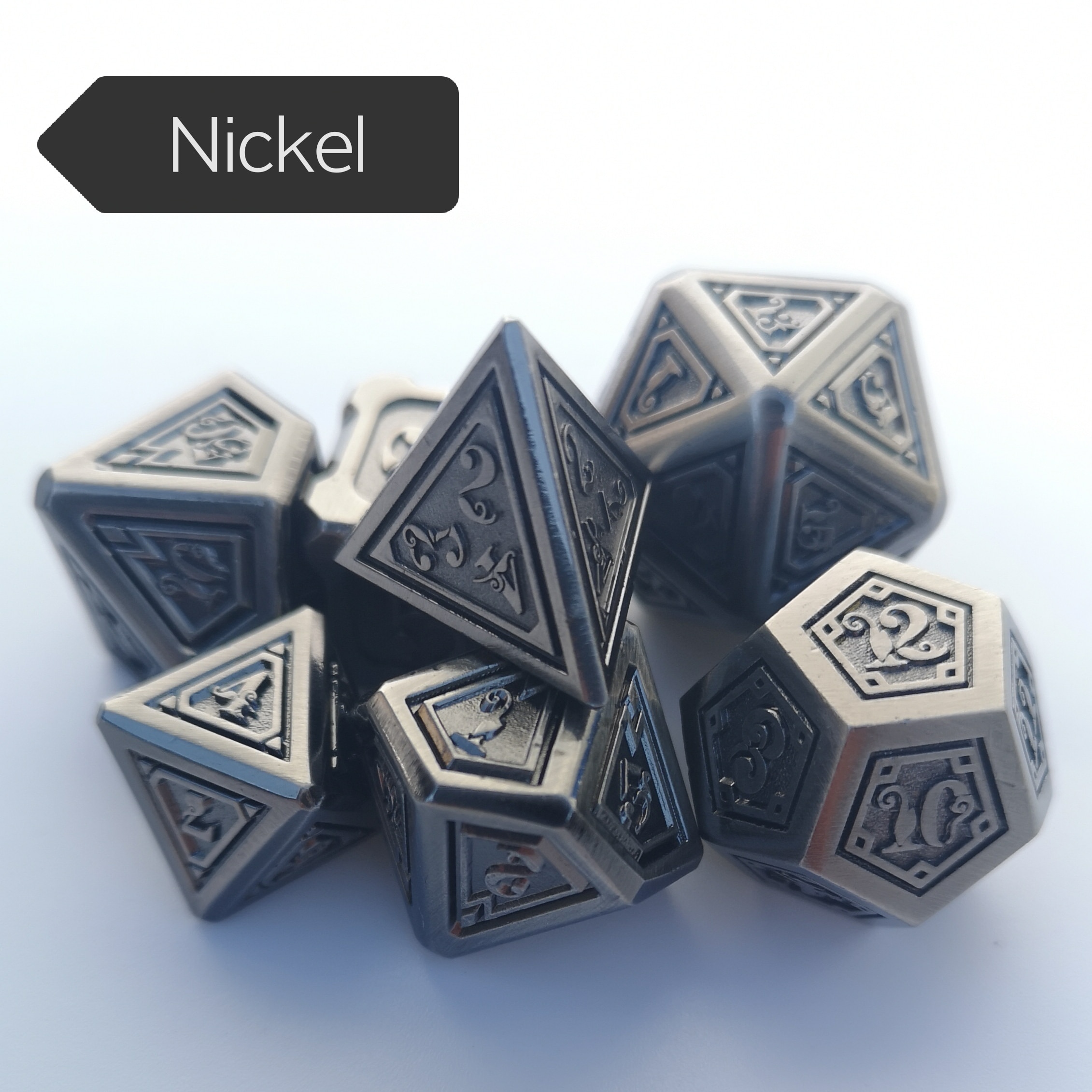 Rollooo DND Metal Dice Antique Copper 7-Die Set with Special Color & Font D4 D6 D8 D10 D% D12 D20 for Role Playing Games