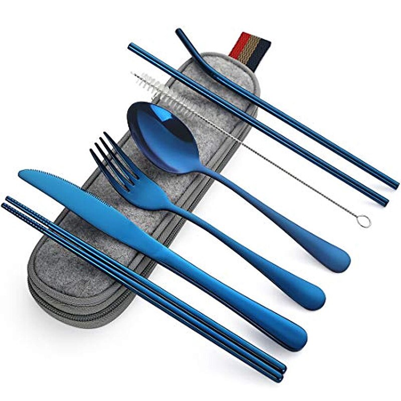 Stainless Steel knife and fork spoon chopsticks combination set Chinese Chop Stick Tableware Kitchen Tools Reusable: Blauw