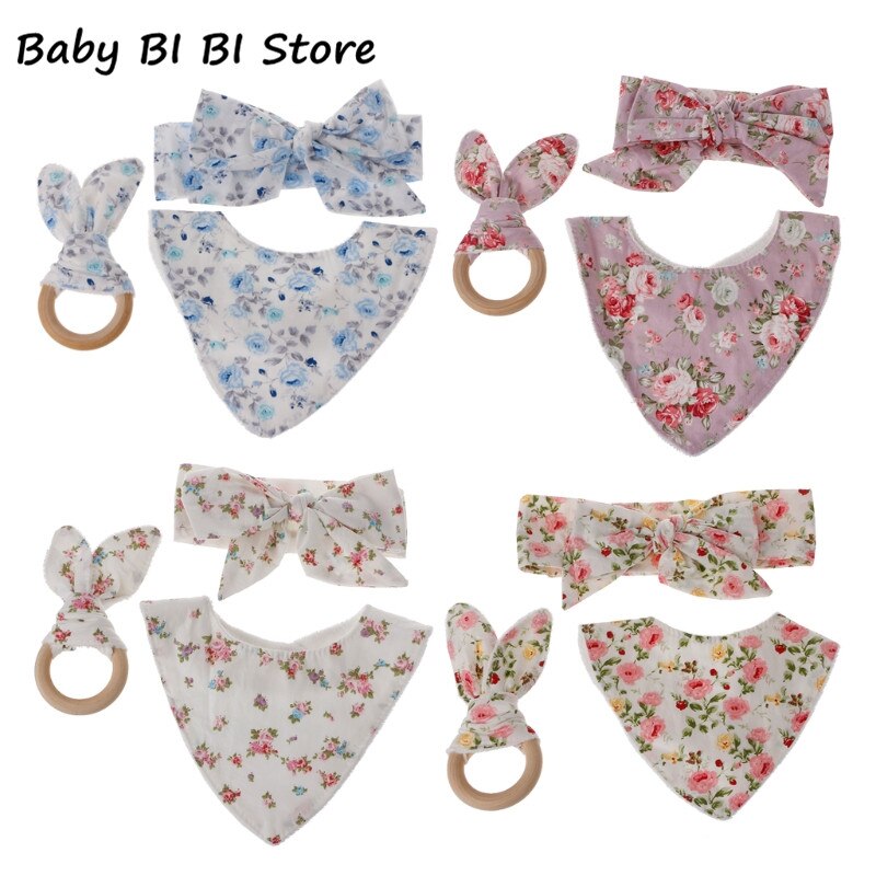 3 Pcs Baby Kaninchen Ohren Baumwolle Mischung + Holz Beißring Baumwolle Lätzchen Stirnband Infant Speichel Handtuch Pflege Set Fütterung Bib