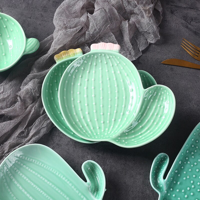 Vajilla de cerámica creativa de estilo nórdico para el hogar, plato bonito de Cactus y planta, tazón para desayuno, vajilla para aperitivos, plato para ensalada y fruta