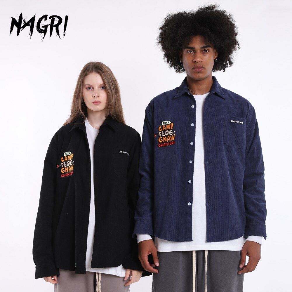 Camisa lisa de manga larga para hombre, Bordado de letras de pana Vintage Preppy de gran tamaño, camisas informales de algodón de estilo coreano