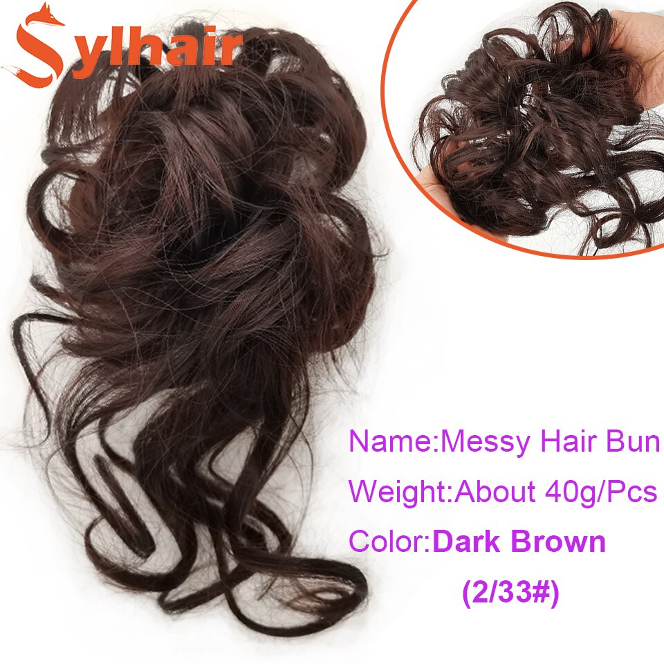 Sylhai-moño de pelo rizado sintético para mujer, moño marrón desordenado con cuerda elástica para el cabello, banda de goma, extensiones de cabello: 2-33