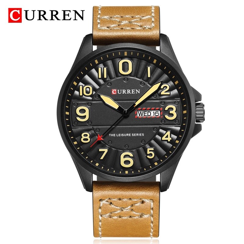 CURREN-reloj analógico con correa de cuero para hombre, accesorio de pulsera de cuarzo resistente al agua con cronógrafo, complemento masculino deportivo de de lujo con moderno: Brown Black