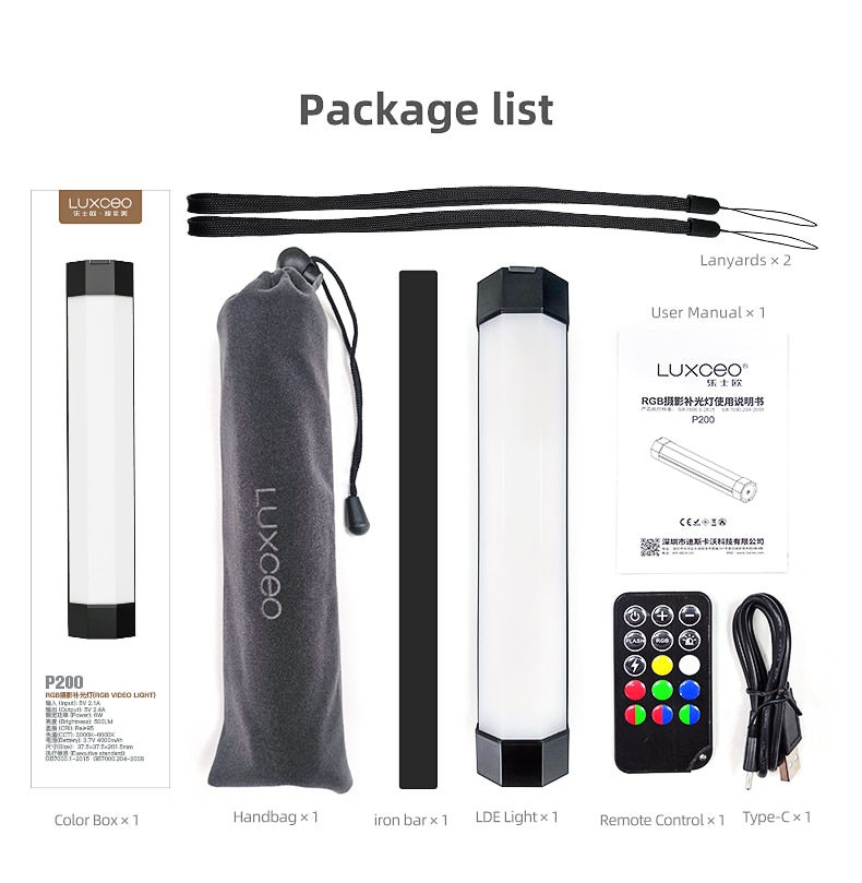 LUXCEO-Palo de luz LED P200 para fotografía, tubo impermeable de mano, RGB, luz suave, Control remoto por aplicación de teléfono portátil