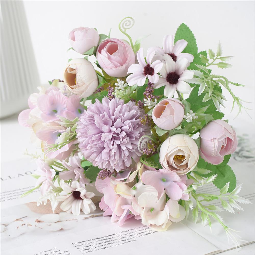 Ins nordiske blandede kunstige blomster buket te rose knopper, hortensia blomster hjem bryllup dekoration brude hånd holder blomster