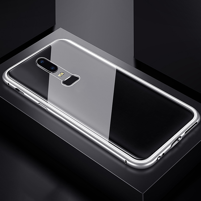 Magnetic Adsorption Metal Case For Oneplus 7 Pro 6T 6 5T Phone Case Back Tempered Glass Case Protective Case Cover Fundas: For Oneplus 7 / Clear With Silver