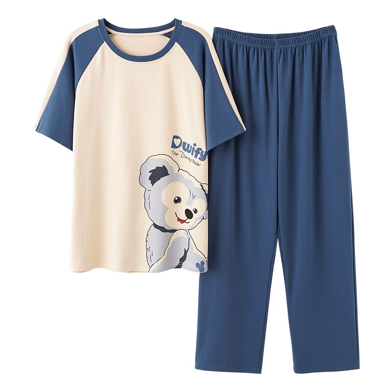 SONG-Conjunto de pijama de algodón para hombre, pantalones largos de manga corta y cuello redondo, con bonito de dibujos animados a la , para el hogar, 2 piezas, novedad de verano y otoño de