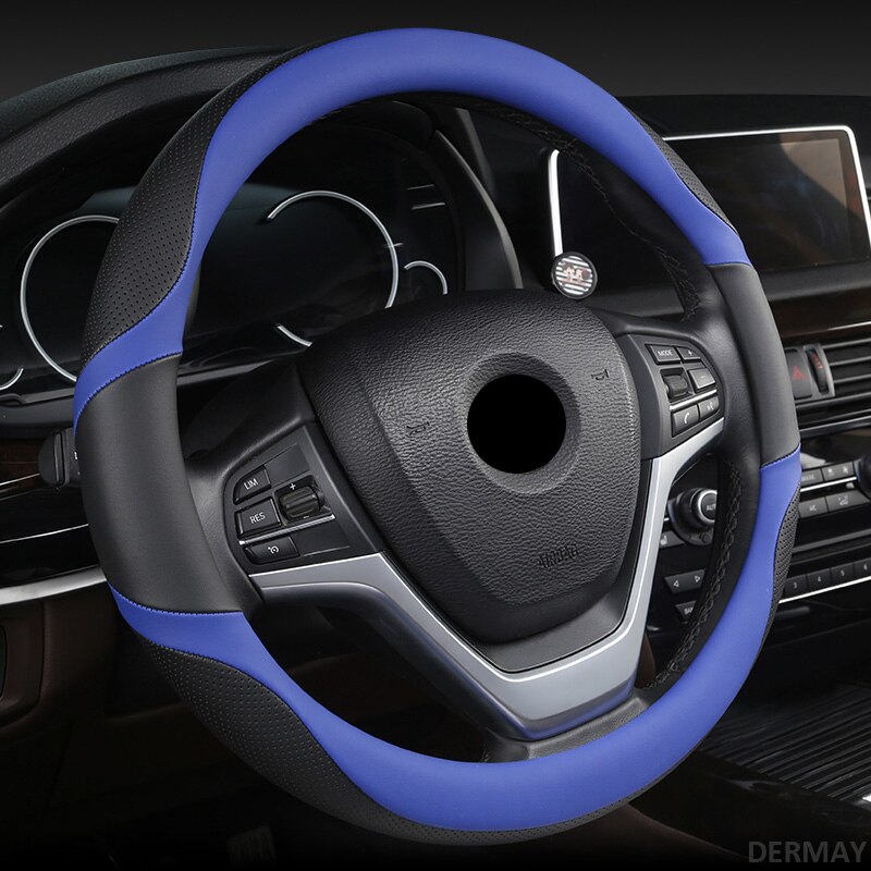 Dermay 6 Kleuren Auto Stuurhoes Micro Fiber Lederen M Size Fit 96% Auto &#39;S Splitsen Kleur Met Ademende Gaten Instal: Blauw