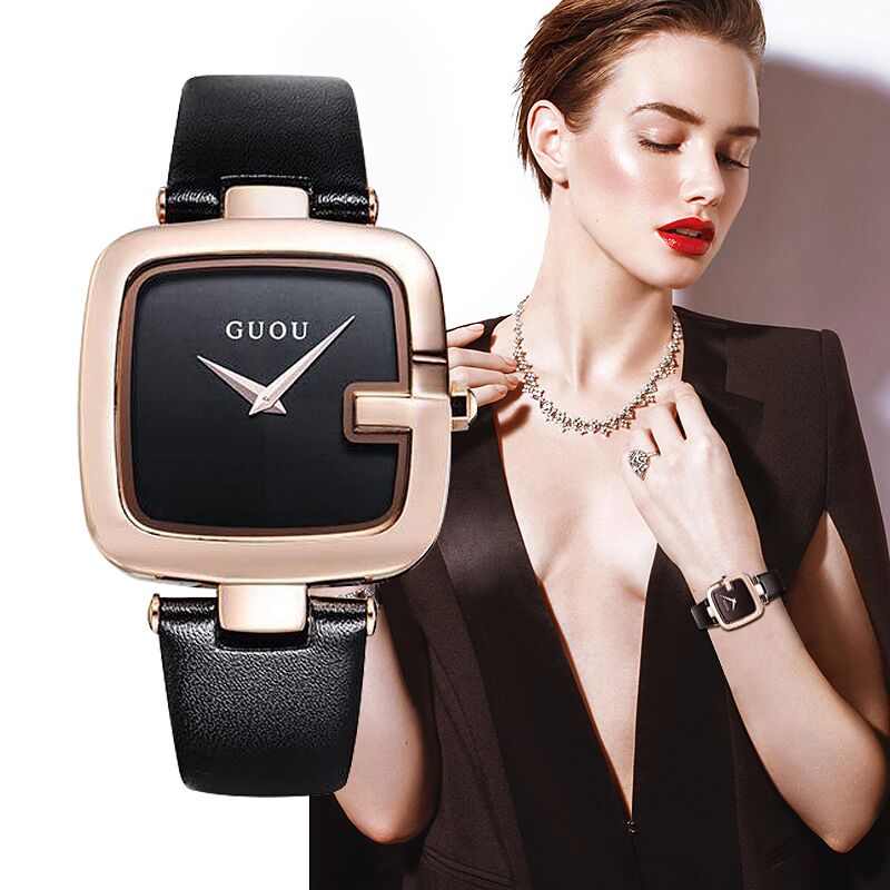 GUOU Women's Watches Square zegarek damski Luxury Ladies Bracelet Watches For Women Leather Strap Clock Saati