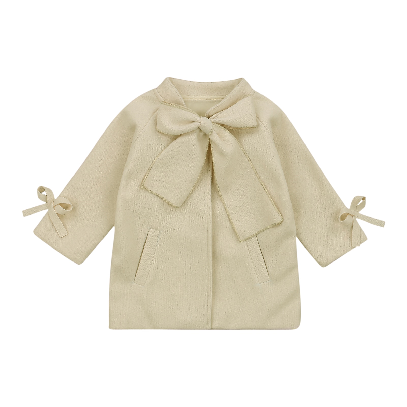 FOCUSNORM Autumn Winter Kids Girls Wool Blends Outfits Solid Bowknot Long Sleeve Single Breasted Coat Outfit 2-8Y