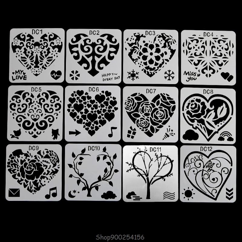 12Pcs Flower Heart Drawing Molds Plastic Children Painting Stencils DIY Paper Art Craft Card Label Scrapbook N12 20