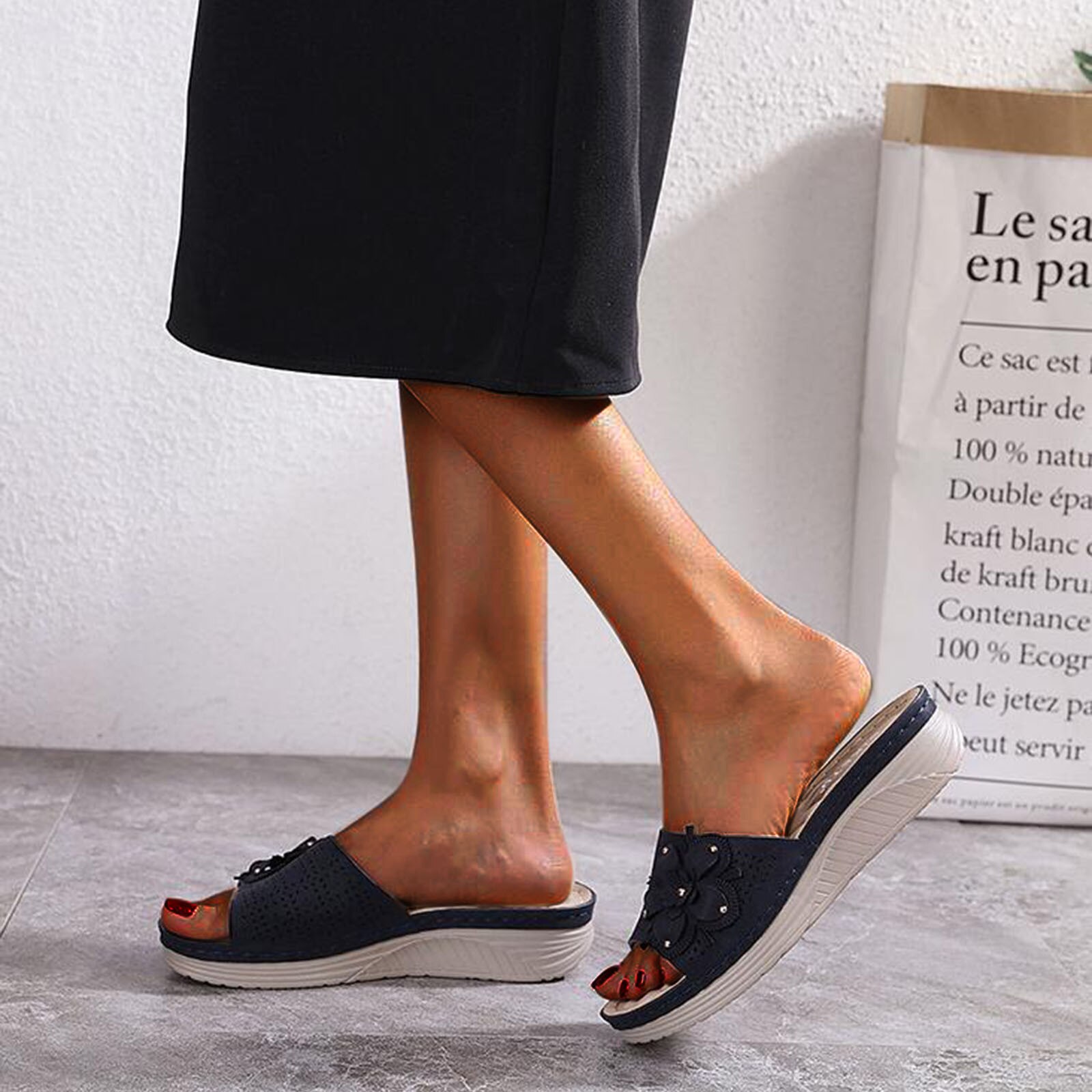 Floral Compensée Sandale femme Été Nouvelles Femmes Fleur Décontracté Talon Talon Confortable En Plein Air D'été Plus Chaussures: Bleu marine / C