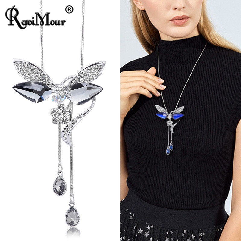 Crystal Dragonfly Collar Mujer Silver Chain Necklaces For Women Jewelry Tassel Insect Pendant Female Choker Ketting