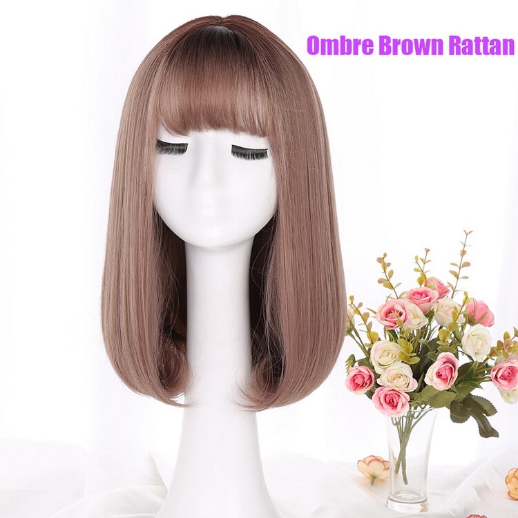 Yiyaobess, estilo coreano, peluca sintética de pelo medio largo de Bob con flequillo, raíces oscuras, pelo Ombre, lino, gris, pelucas de mujer rectas naturales: Brown roots rattan