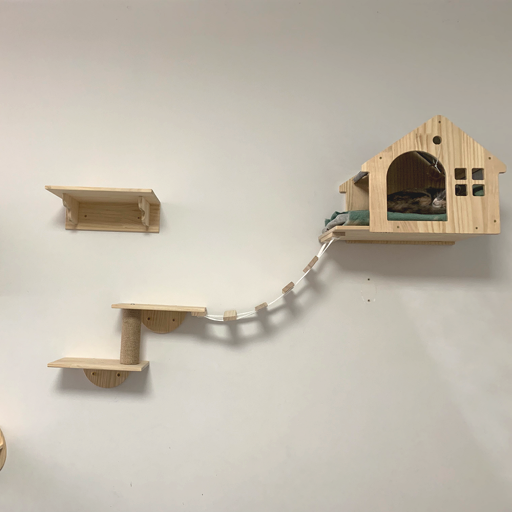 Cat Climbing Shelves Wall Mounted Hammock Wooden Cat Tree Tower Scratching Ladder Indoor House Pet Furniture Cats Playground